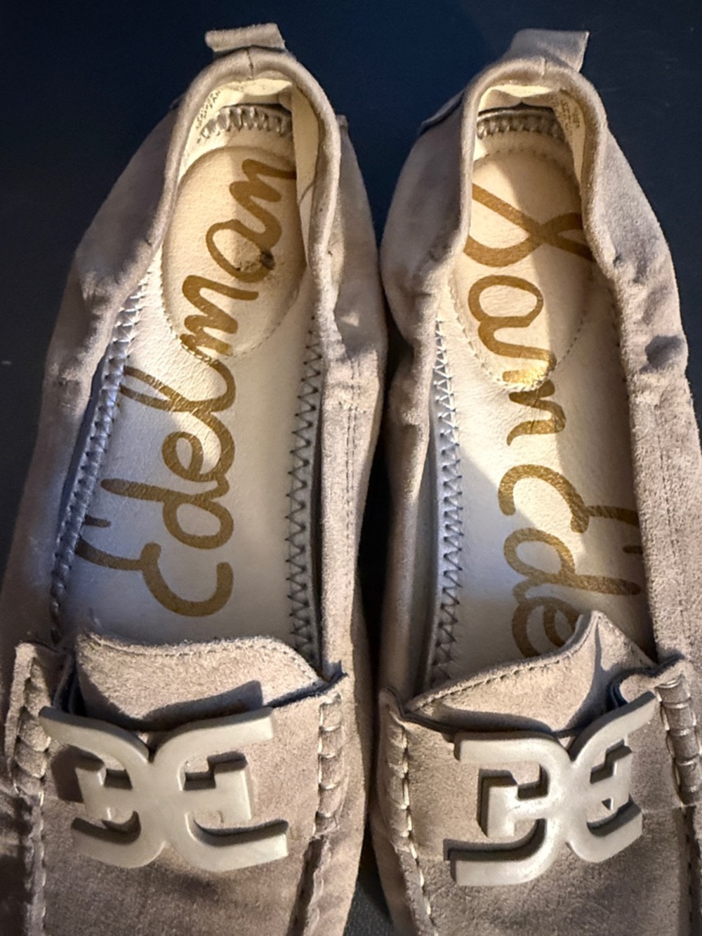 Sam Edelman Taupe Suede Driving Loafers with Logo Accent - Picture 3 of 5